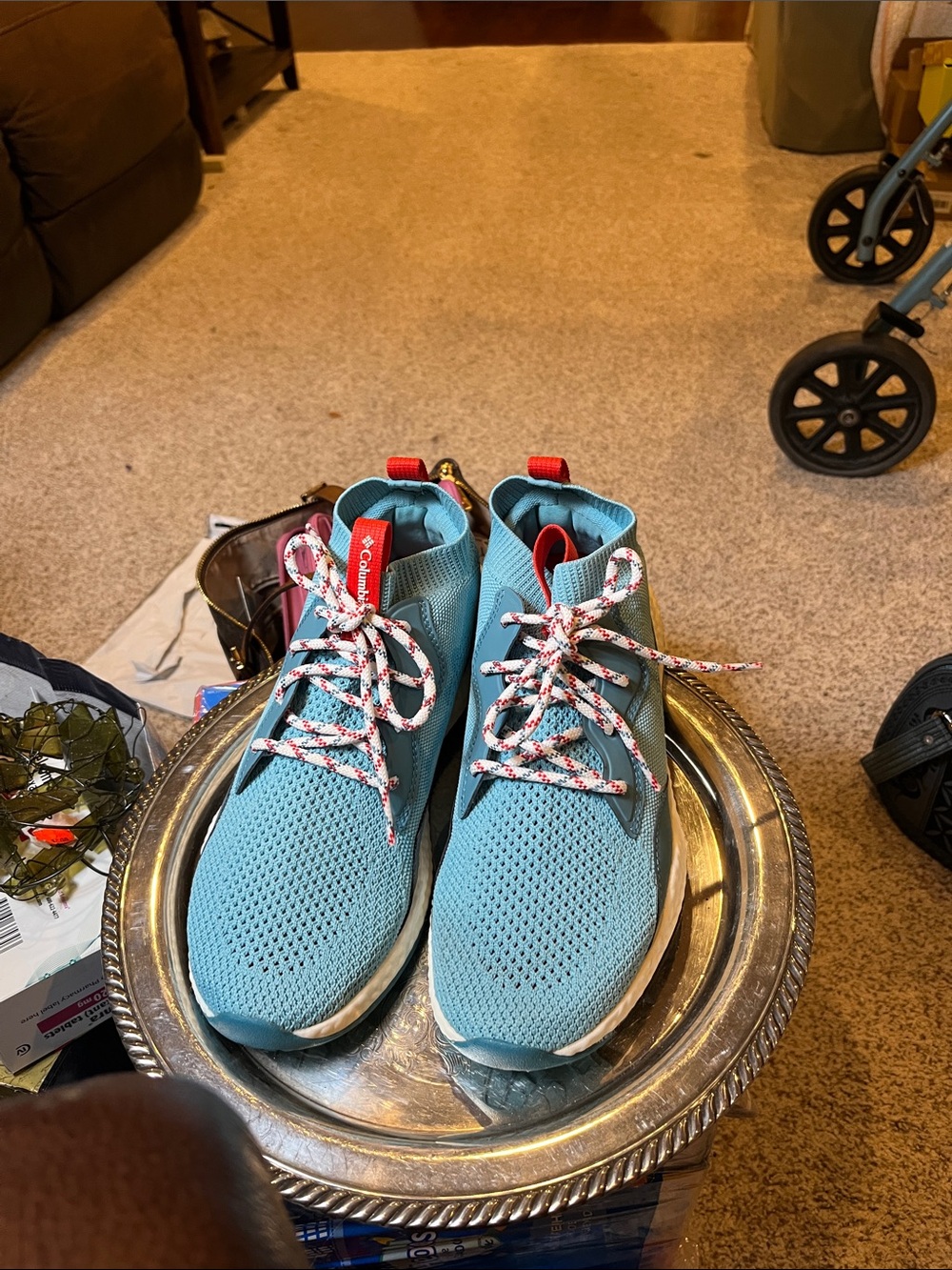 Columbia Women’s Aqua Blue Knit High-Top Sneakers with Red Accents